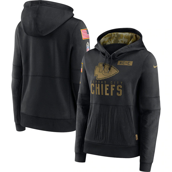 Women's Kansas City Chiefs Black NFL 2020 Salute To Service Sideline Performance Pullover Hoodie(Run Small)